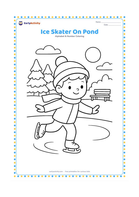 Colouring page: Draw a child skating across a frozen pond with arms out for balance, wearing a warm cap and scarf. Add snowy trees, a bench, and a low winter sun.