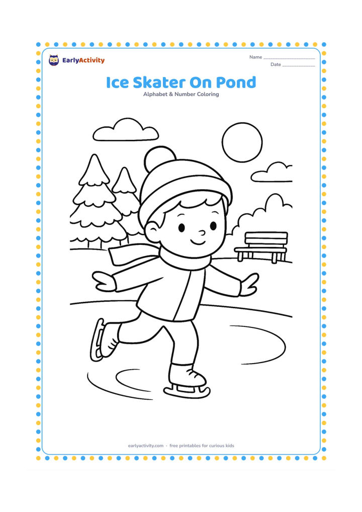 Colouring page: Draw a child skating across a frozen pond with arms out for balance, wearing a warm cap and scarf. Add snowy trees, a bench, and a low winter sun.