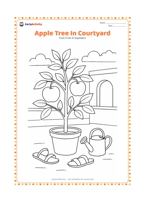 Colouring page: Draw a potted young apple tree in an Indian home courtyard, with two ripe apples, a low wall, a watering can and a pair of simple sandals nearby. Do not include any written labels.