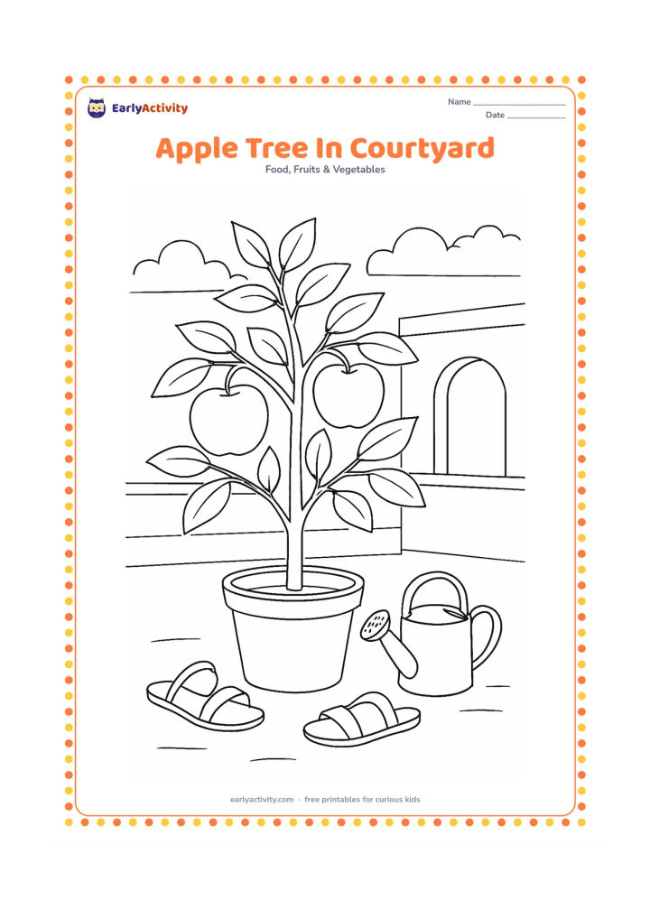 Colouring page: Draw a potted young apple tree in an Indian home courtyard, with two ripe apples, a low wall, a watering can and a pair of simple sandals nearby. Do not include any written labels.