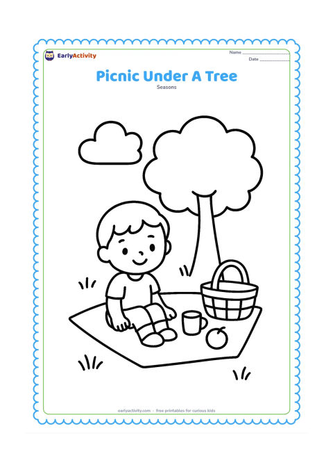 Colouring page: A child sits on a picnic blanket under a broad leafy tree beside a basket, a cup and a round fruit. Add one large cloud and a few simple blades of grass.