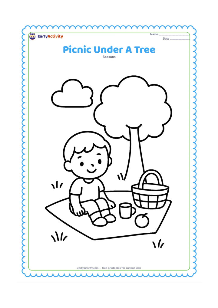Colouring page: A child sits on a picnic blanket under a broad leafy tree beside a basket, a cup and a round fruit. Add one large cloud and a few simple blades of grass.