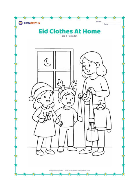 Colouring page: Two children try on festive clothes beside a bed or clothing stand, while an adult holds a scarf and a small gift bag. Include a window with a crescent-shaped hanging decoration.