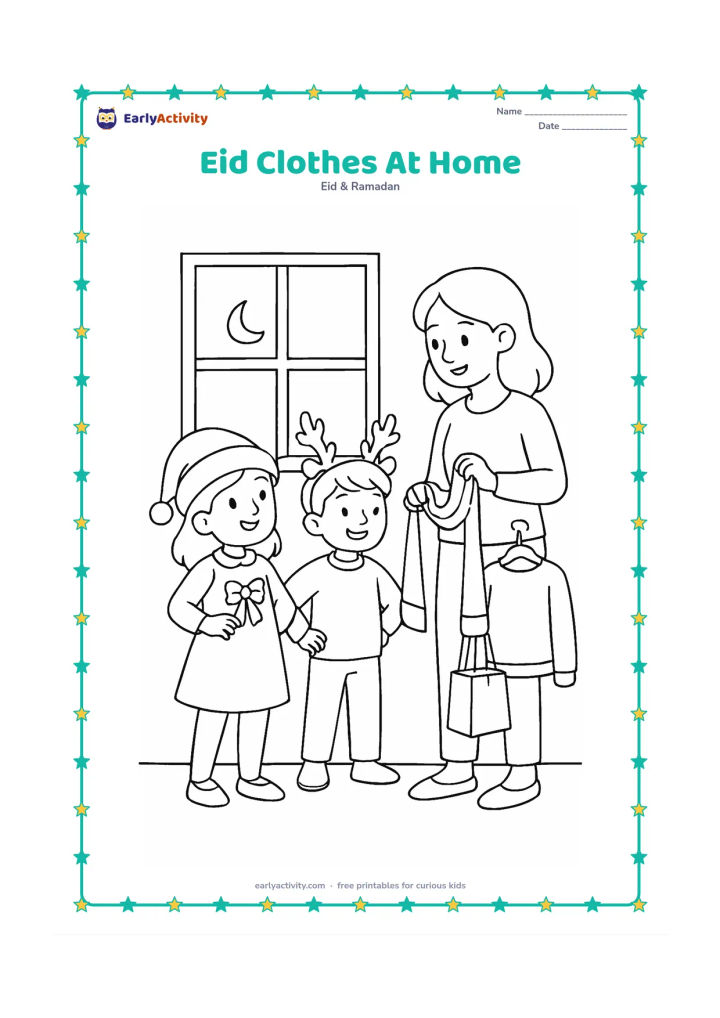 Colouring page: Two children try on festive clothes beside a bed or clothing stand, while an adult holds a scarf and a small gift bag. Include a window with a crescent-shaped hanging decoration.