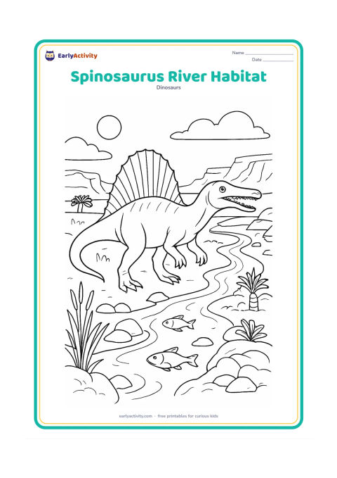 Colouring page: A Spinosaurus stands beside a winding river in a wide prehistoric North African landscape. Include a prominent sail, long narrow snout, fish in the water, reeds, cycads, rocky banks,…