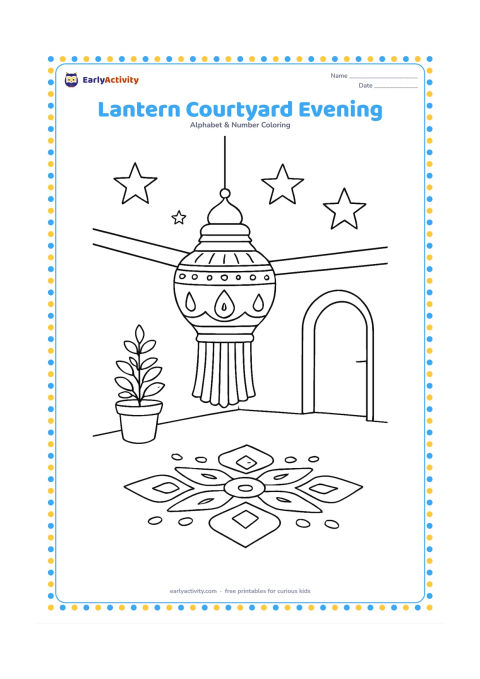 Colouring page: Draw a decorated but unlettered lantern hanging in an Indian courtyard at evening, with a rangoli made from simple geometric shapes, potted tulsi, a doorway and three large stars in the…