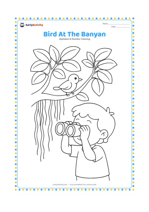 Colouring page: Draw a small bird perched on a banyan branch with hanging roots, broad leaves, and a child observing it from below with binoculars.