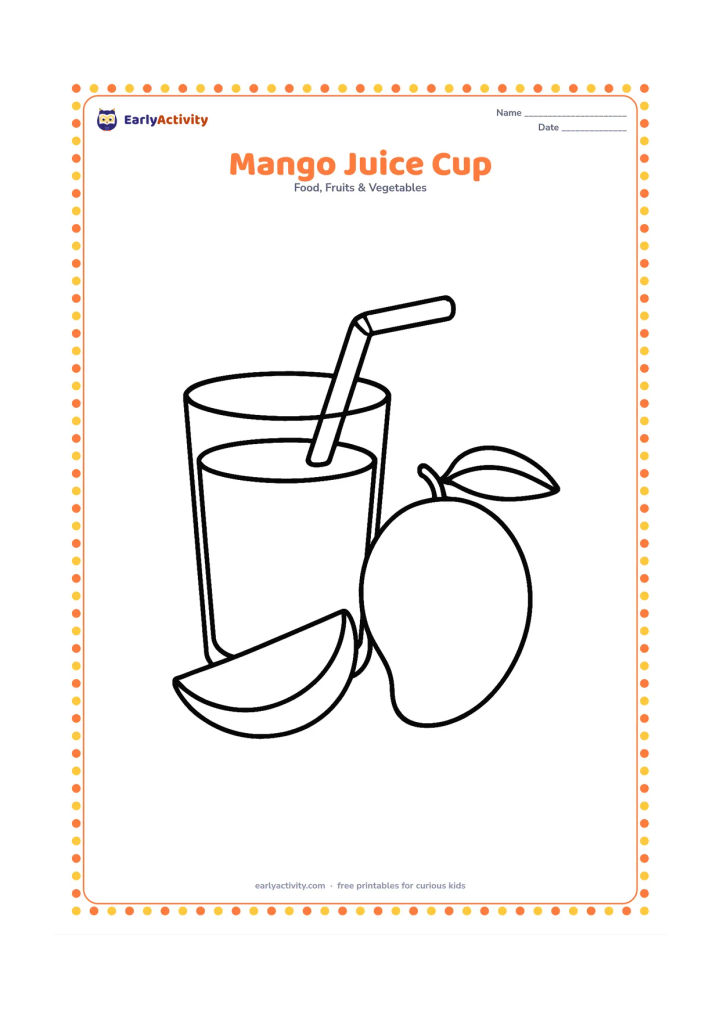 Colouring page: Draw a large cup of mango drink with a straw, a mango half beside it and one leaf behind the cup.