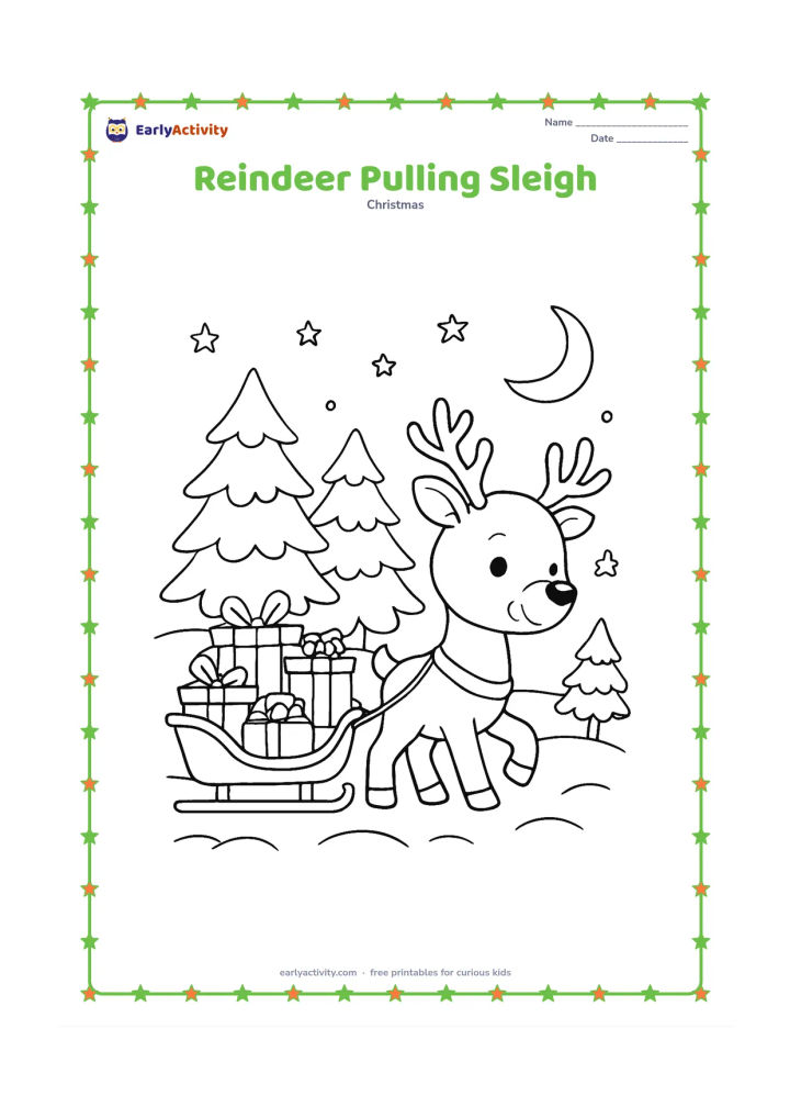 Colouring page: Draw a friendly reindeer pulling a small gift-filled sleigh across gentle snowy ground, with snow-covered trees, stars and a crescent moon behind.