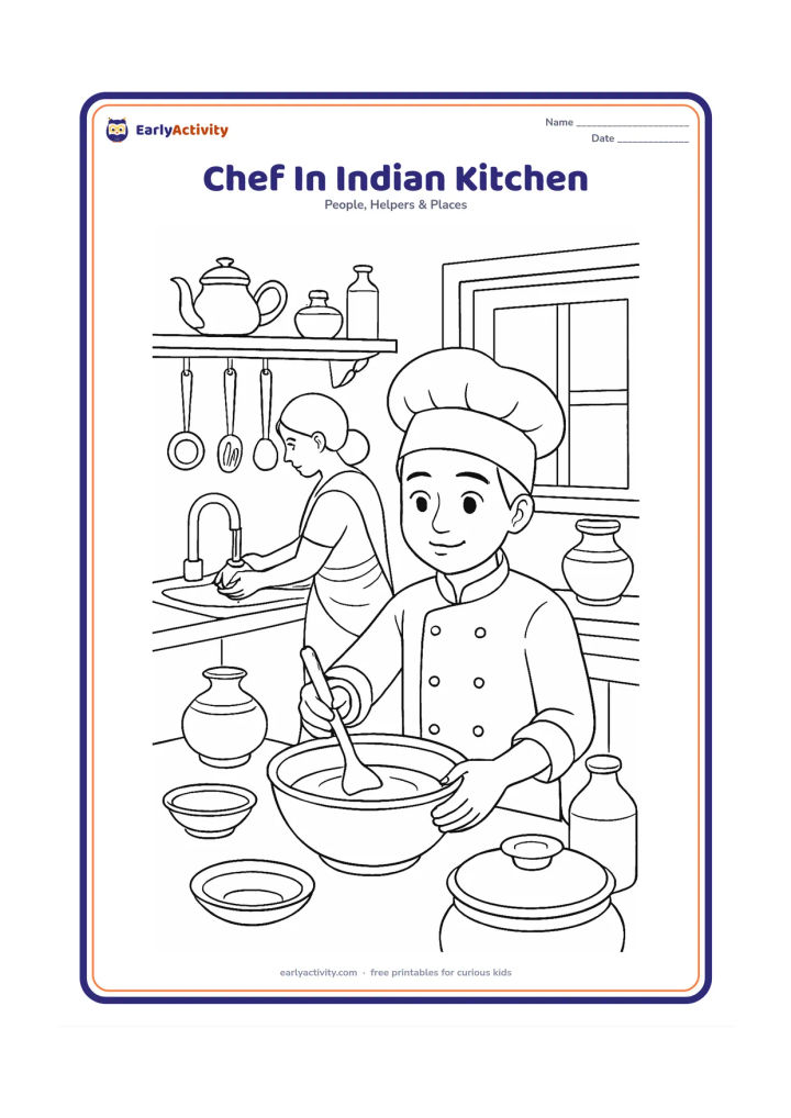 Colouring page: An older child chef prepares a meal in a detailed Indian home kitchen, stirring a bowl of batter while a family member washes vegetables nearby. Include brass-colored-looking vessels, a…