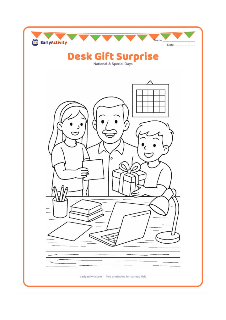 Colouring page: Children arrange a surprise gift on their father's detailed home office desk, including a blank card, wrapped parcel, pen holder, books, calendar page with no markings, laptop and desk lamp.