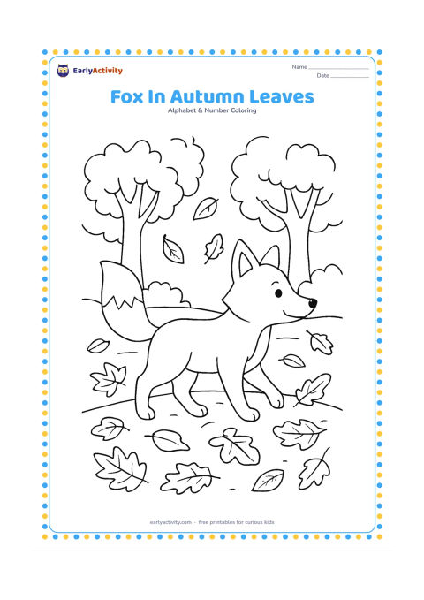 Colouring page: Draw a fox walking through a woodland path covered with fallen leaves, with three trees and a few leaves drifting down. Show the fox in profile with its tail raised.