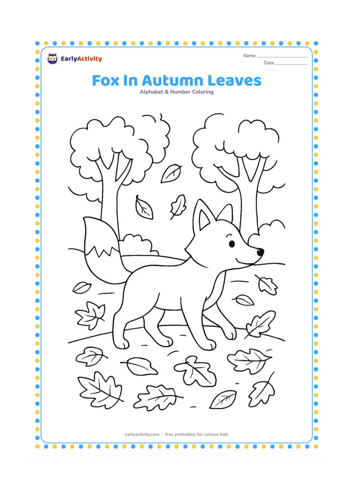 Colouring page: Draw a fox walking through a woodland path covered with fallen leaves, with three trees and a few leaves drifting down. Show the fox in profile with its tail raised.