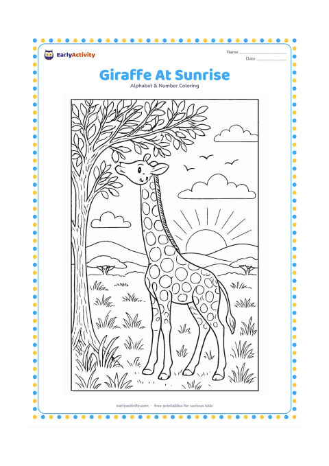 Colouring page: A giraffe stretches its neck through tall branches to reach fresh leaves as the sun rises over an African grassland. Include layered hills, textured bark, birds in the distance, and…