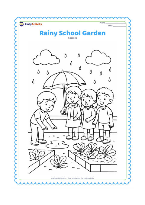 Colouring page: Four children in a school garden observe rain on leafy plants, with one child holding an umbrella and another pointing toward a puddle. Add a low boundary wall, garden beds, clouds, and…