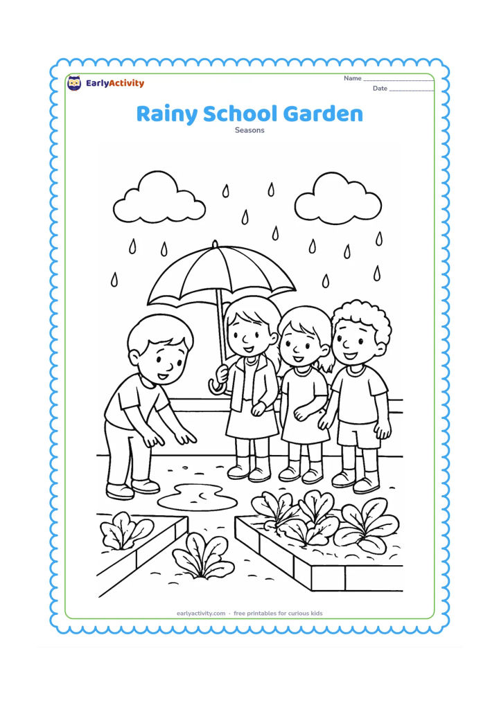Colouring page: Four children in a school garden observe rain on leafy plants, with one child holding an umbrella and another pointing toward a puddle. Add a low boundary wall, garden beds, clouds, and…
