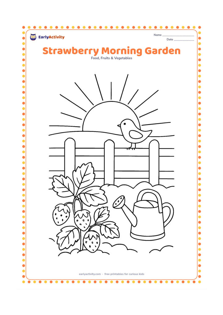 Colouring page: Draw a sunrise behind a garden bed containing several strawberry plants, with a small bird perched on a fence and a watering can nearby.