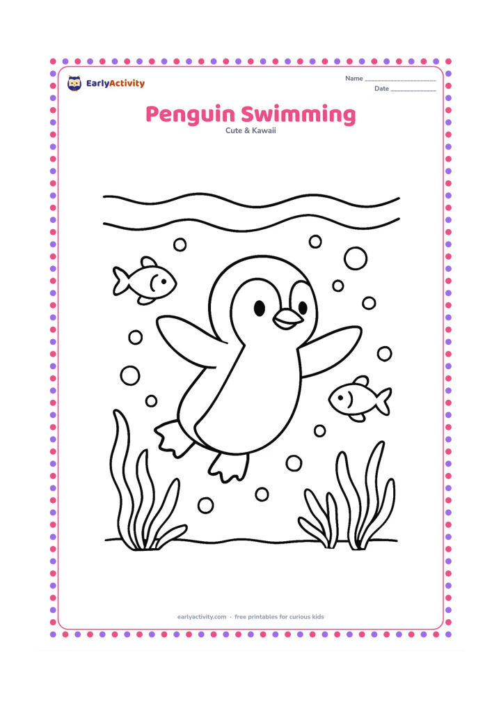 Colouring page: A penguin paddles underwater with its flippers spread, surrounded by bubbles, seaweed and two friendly fish. Leave a clear white belly and add a curved water surface above.