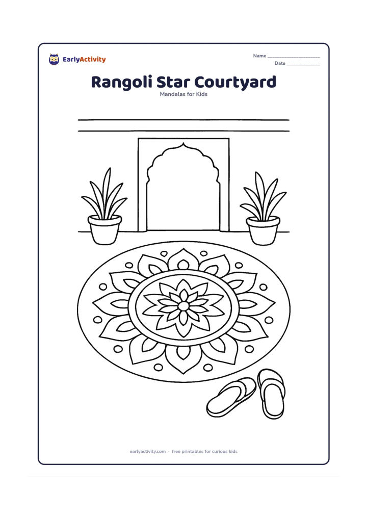 Colouring page: Draw a symmetrical star mandala as a rangoli on the floor of an Indian courtyard, with repeated petal and dot shapes around it. Add a low doorway, two plant pots and a pair of sandals at…
