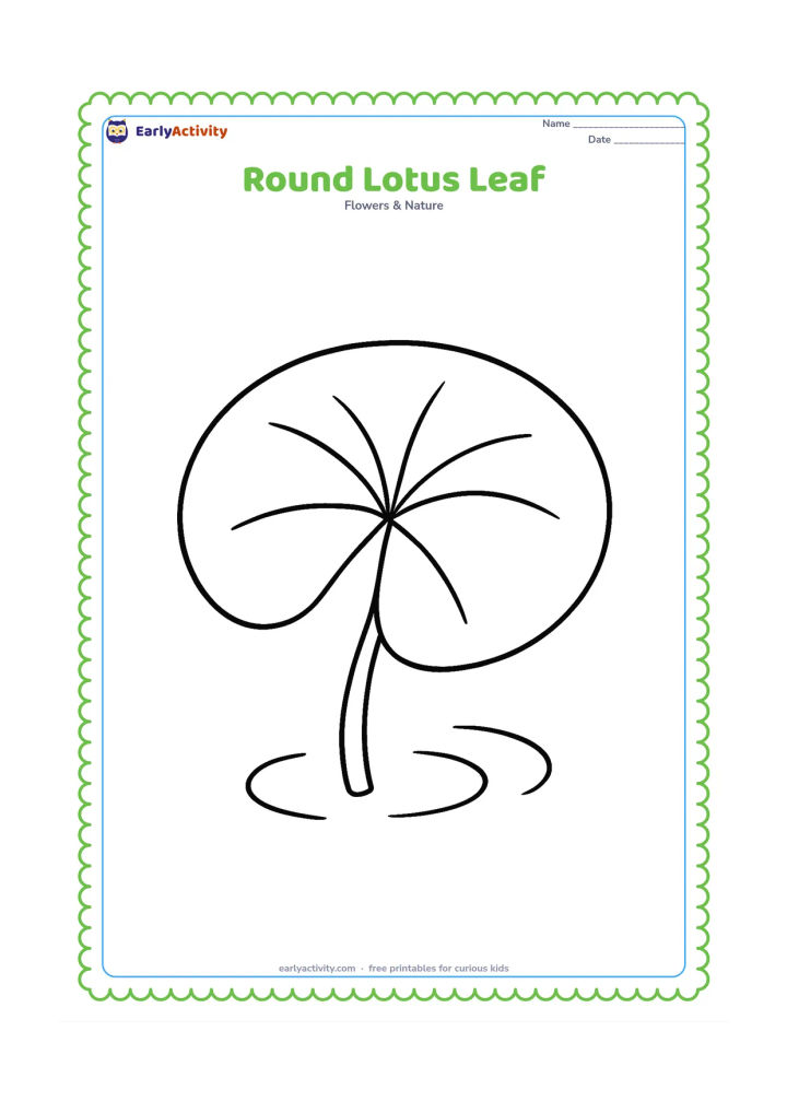 Colouring page: One large round lotus leaf floating on calm pond water, with a simple central stem, a few broad vein lines and two tiny water ripples.