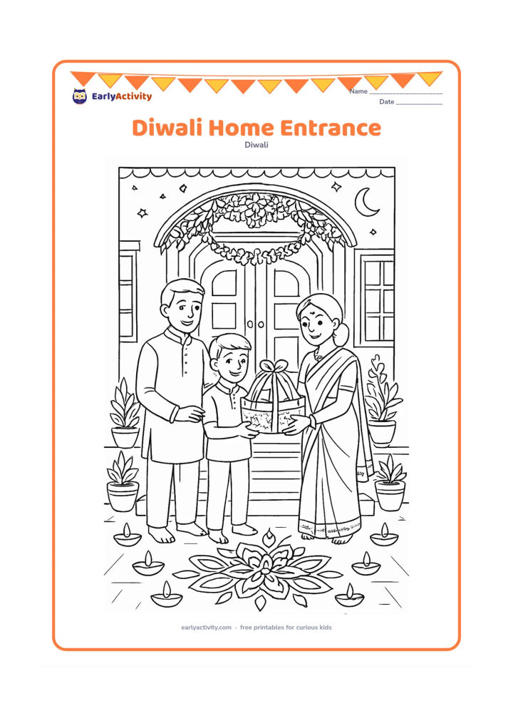 Colouring page: A richly decorated Indian home entrance has a large rangoli, a flower toran, rows of diyas, potted plants, and a family arriving with a gift basket at twilight. Show steps, a doorway,…
