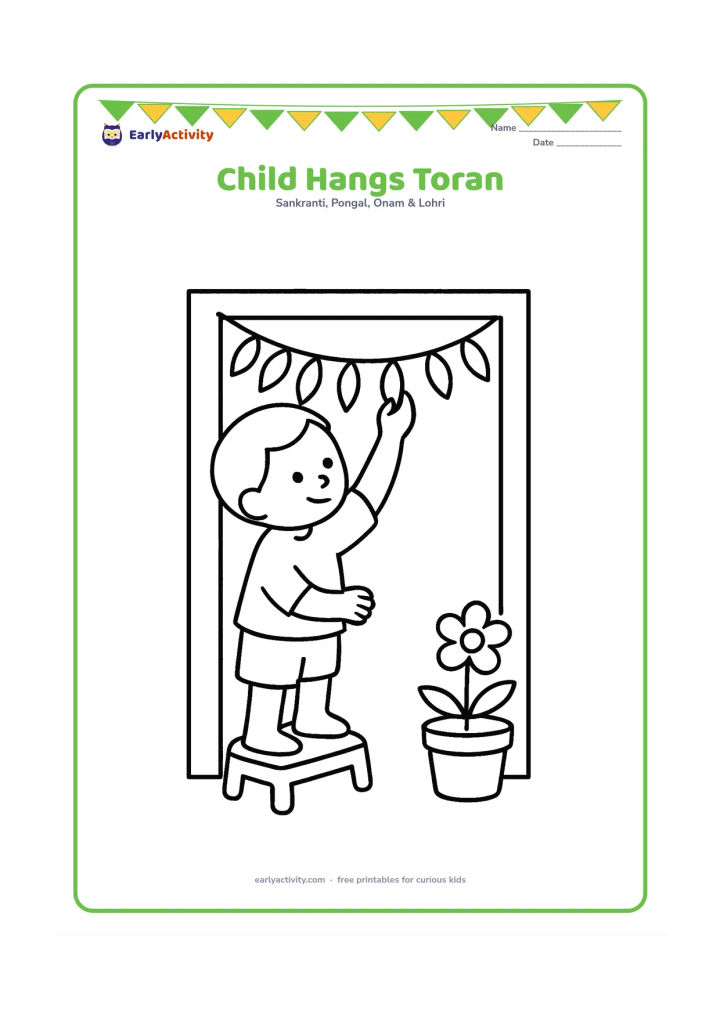Colouring page: A young child standing on a low stool and hanging a simple mango-leaf toran across a home doorway, with a flower pot nearby.