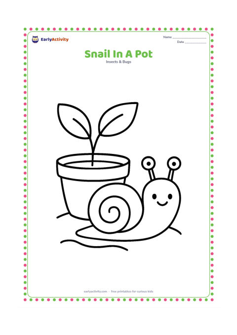 Colouring page: Draw a friendly snail climbing beside a large garden plant pot, with two broad leaves and a curved trail on the soil. Keep the pot plain and rounded.