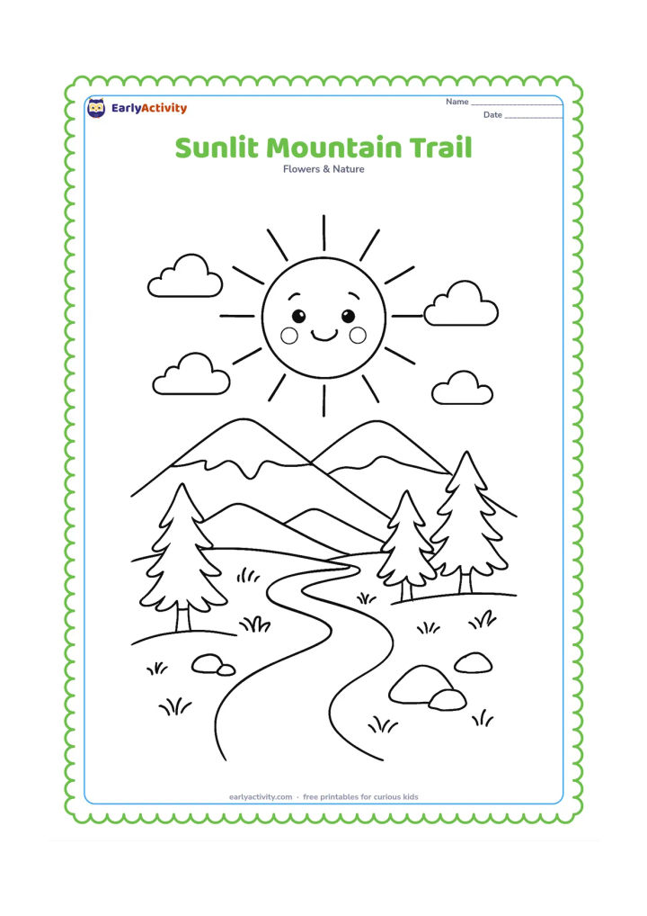Colouring page: Draw a smiling sun above layered mountains, with a winding trail through a meadow, pine trees, rocks and a few clouds. Place the sun high enough to show the full landscape.