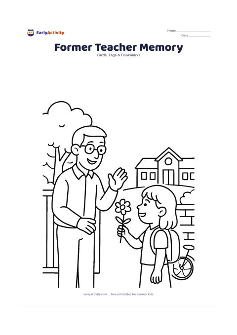 Worksheet: An older child visits a former teacher at a school gate and hands over a flower, with a tree, gate, bicycle and school building behind them. Reserve a large blank panel in the upper sky…
