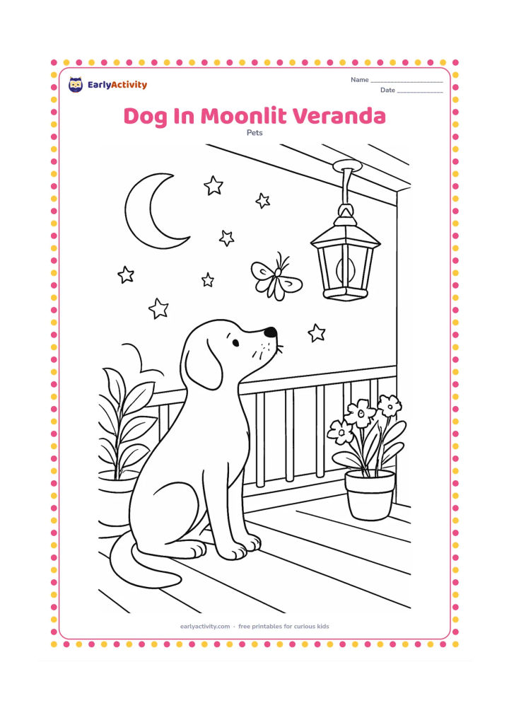 Colouring page: Draw a dog sitting on a veranda at night with its whiskers clearly visible as it watches a moth near a lamp. Add a crescent moon, stars, potted plants, a railing, and soft shadows on the…