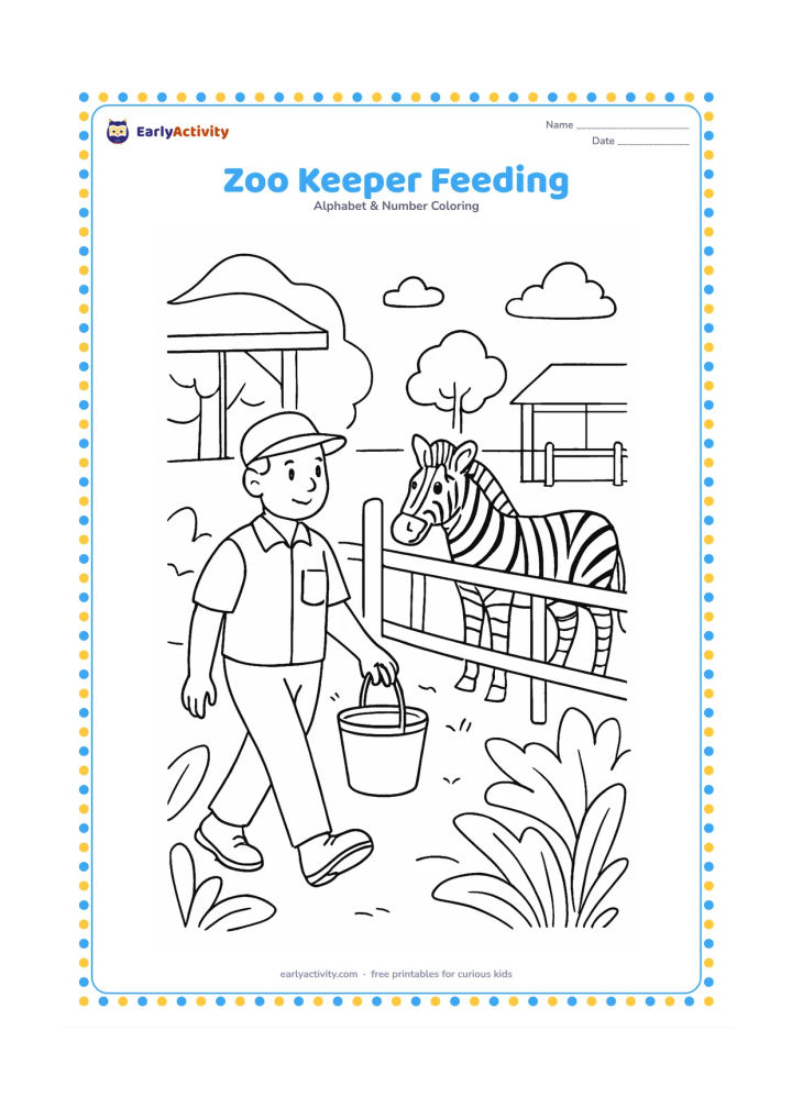 Colouring page: Draw a zoo keeper carrying a bucket toward a zebra enclosure while the zebra waits near the fence. Add leafy plants, a shaded shelter and a second distant enclosure without labels or signs.