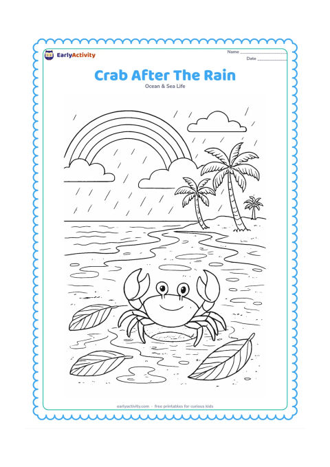 Colouring page: Show a crab emerging beside its burrow after an Indian coastal rain shower, with wet sand reflections, puddles, fallen palm leaves, a rainbow, distant coconut palms and small streams…