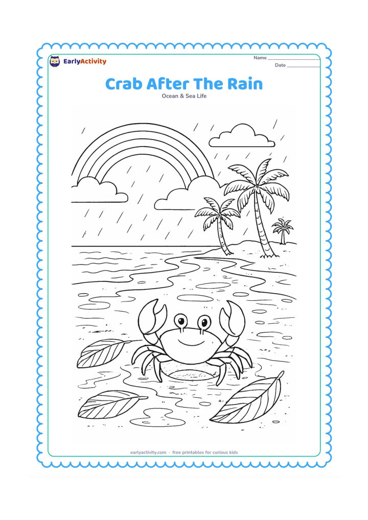 Colouring page: Show a crab emerging beside its burrow after an Indian coastal rain shower, with wet sand reflections, puddles, fallen palm leaves, a rainbow, distant coconut palms and small streams…