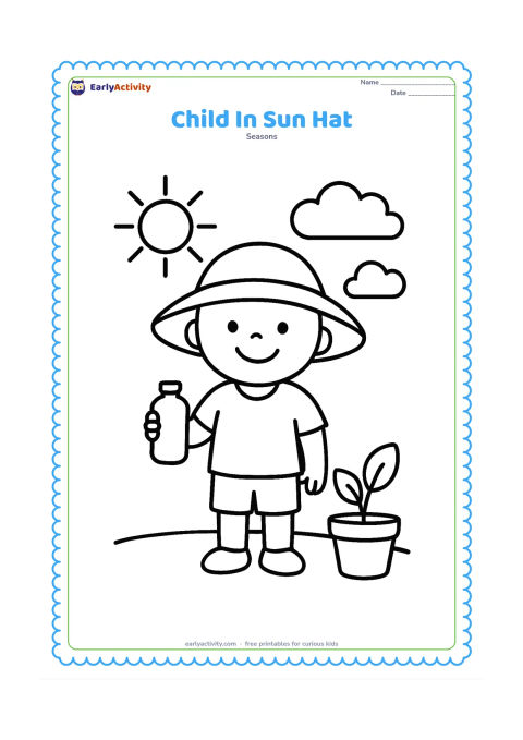 Colouring page: A smiling child wearing a wide sun hat and holding a water bottle stands beside a small potted plant. Add one large sun, two simple clouds and a clear patch of ground.
