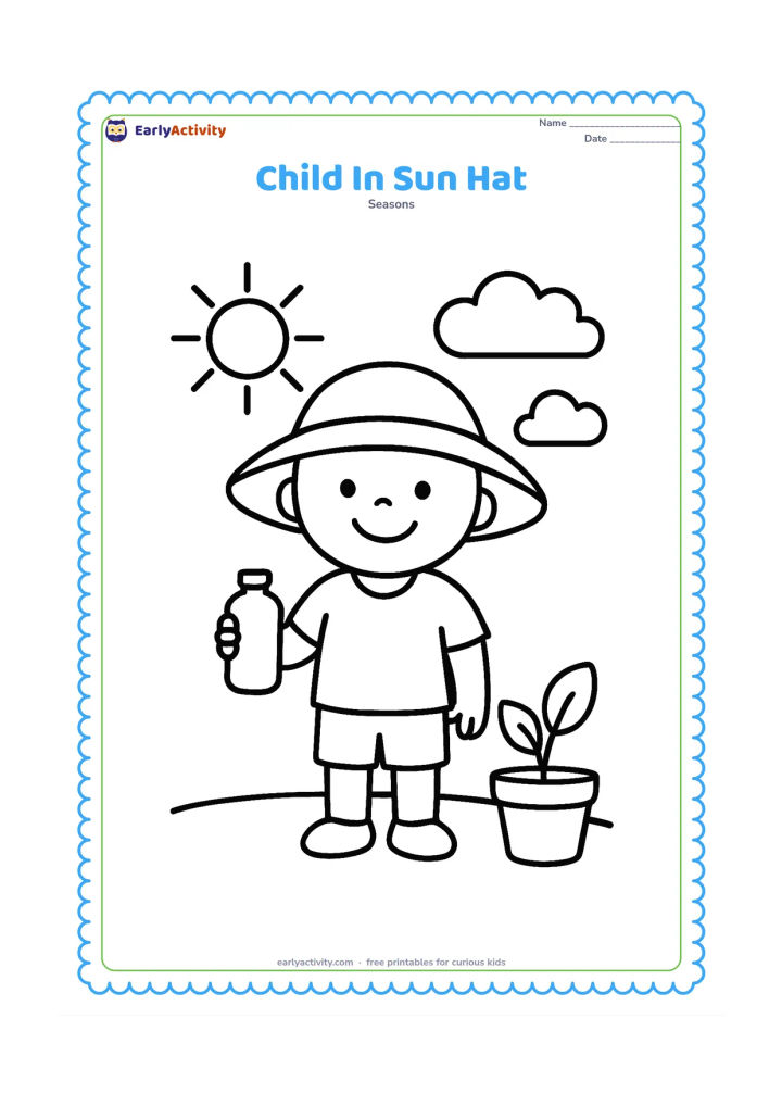 Colouring page: A smiling child wearing a wide sun hat and holding a water bottle stands beside a small potted plant. Add one large sun, two simple clouds and a clear patch of ground.