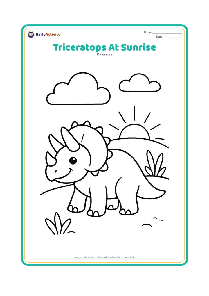 Colouring page: A happy triceratops facing a low rising sun over a simple prehistoric hill. Include a few large clouds and two distant plants.
