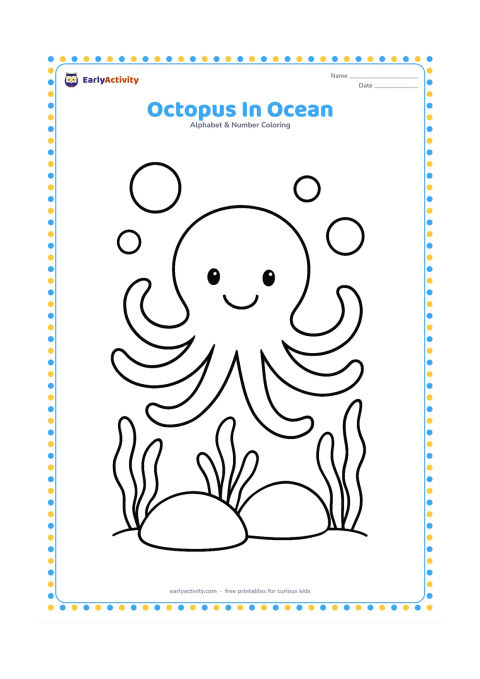 Colouring page: Draw a happy octopus swimming above two rounded rocks, with three simple sea plants and a few large bubbles. Show all eight arms clearly without overlapping them too much.