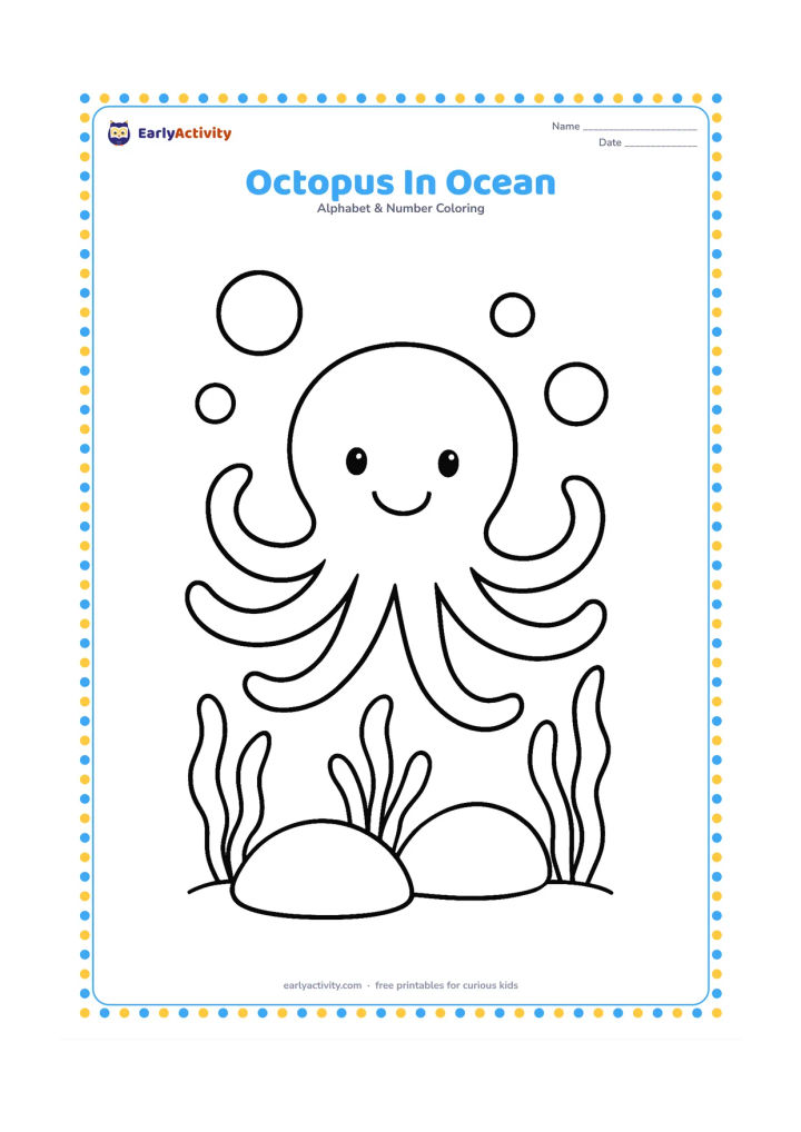 Colouring page: Draw a happy octopus swimming above two rounded rocks, with three simple sea plants and a few large bubbles. Show all eight arms clearly without overlapping them too much.