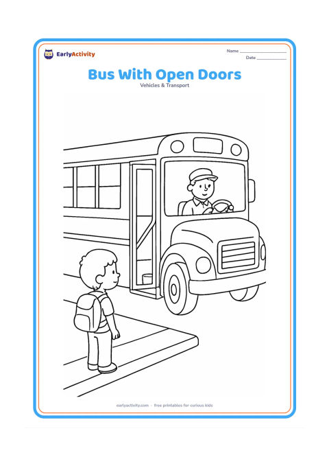 Colouring page: Draw a parked school bus with its folding entrance door open, a driver visible in the seat, a child waiting on the pavement, a handrail, and a simple curb. Do not show anyone boarding or…