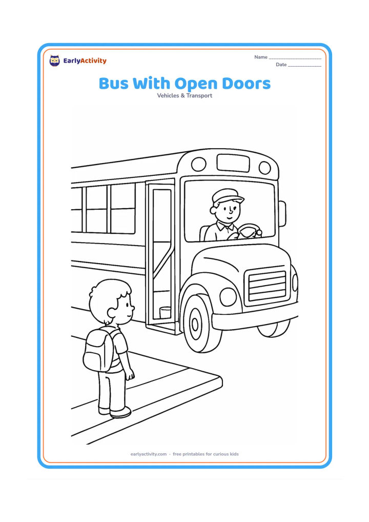 Colouring page: Draw a parked school bus with its folding entrance door open, a driver visible in the seat, a child waiting on the pavement, a handrail, and a simple curb. Do not show anyone boarding or…