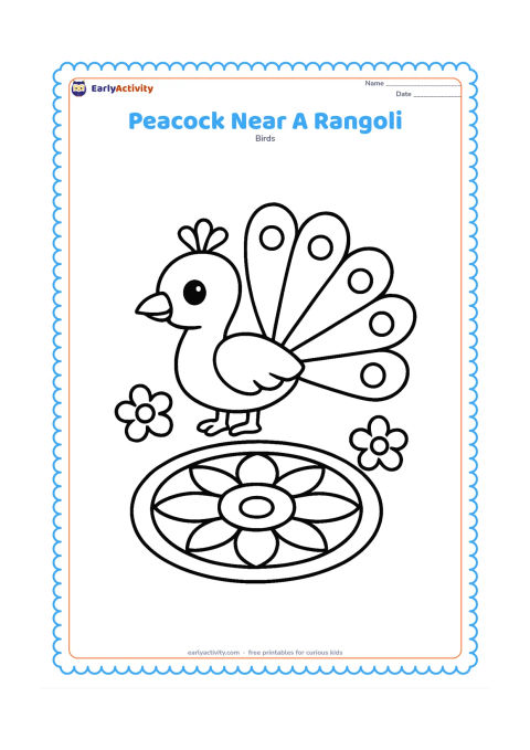 Colouring page: A peacock stands beside a large simple circular rangoli pattern on the ground, with two flower shapes nearby. The rangoli should contain broad symmetrical sections without letters or…