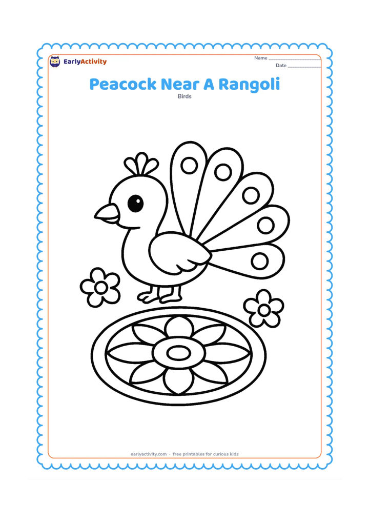 Colouring page: A peacock stands beside a large simple circular rangoli pattern on the ground, with two flower shapes nearby. The rangoli should contain broad symmetrical sections without letters or…