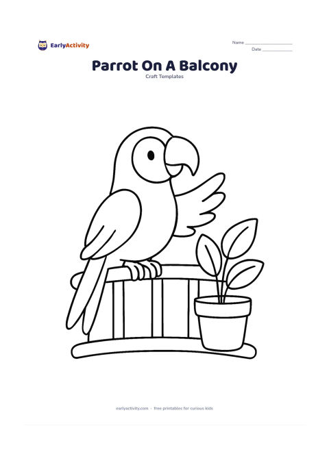 Worksheet: Draw a parrot perched on a rounded balcony rail, with a curved beak, long tail feathers and one raised wing. Add a potted plant with three large leaves beside the rail, suggesting an…