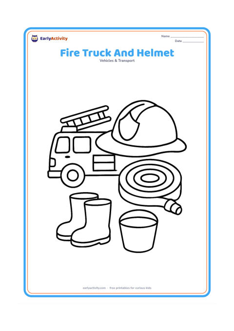 Colouring page: Draw a small fire truck beside an oversized firefighter helmet and a rolled hose. Add a simple pair of boots and a water bucket in the foreground.