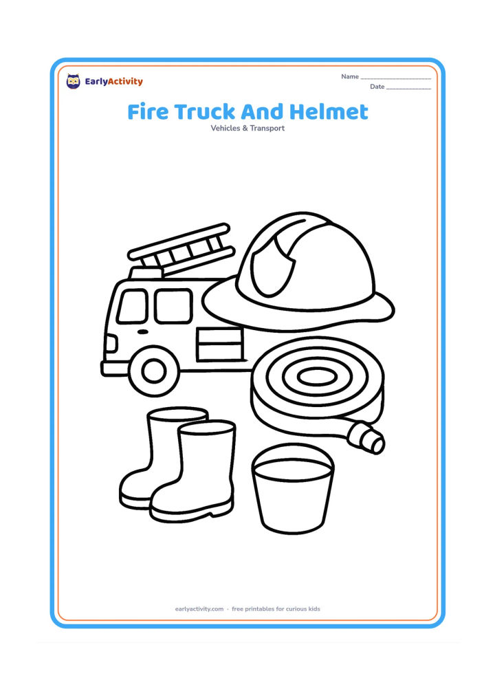 Colouring page: Draw a small fire truck beside an oversized firefighter helmet and a rolled hose. Add a simple pair of boots and a water bucket in the foreground.