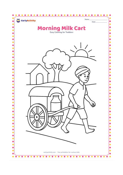 Colouring page: A simple hand-pulled milk cart moves along a quiet Indian lane, with a covered container, two large wheels and a person pulling it. Add a house doorway, a tree and a rising sun in the…