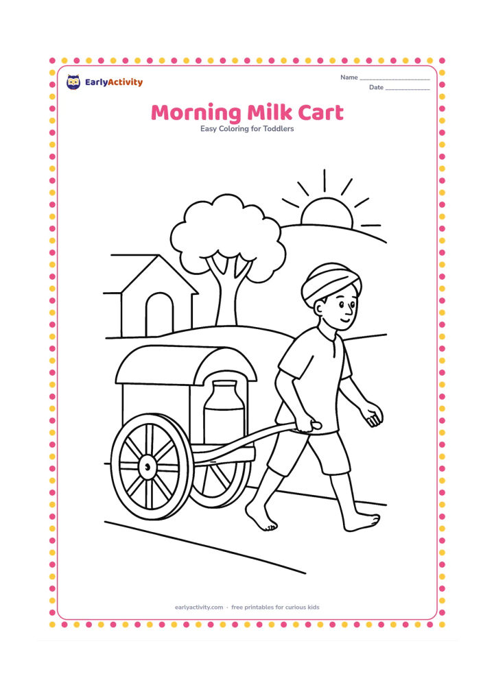Colouring page: A simple hand-pulled milk cart moves along a quiet Indian lane, with a covered container, two large wheels and a person pulling it. Add a house doorway, a tree and a rising sun in the…