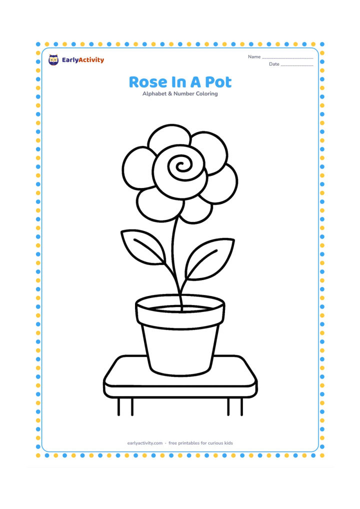 Colouring page: Draw one large rose growing from a simple flowerpot, with a curving stem, two leaves and a few rounded petals. Show the pot on a small table with plenty of blank background.
