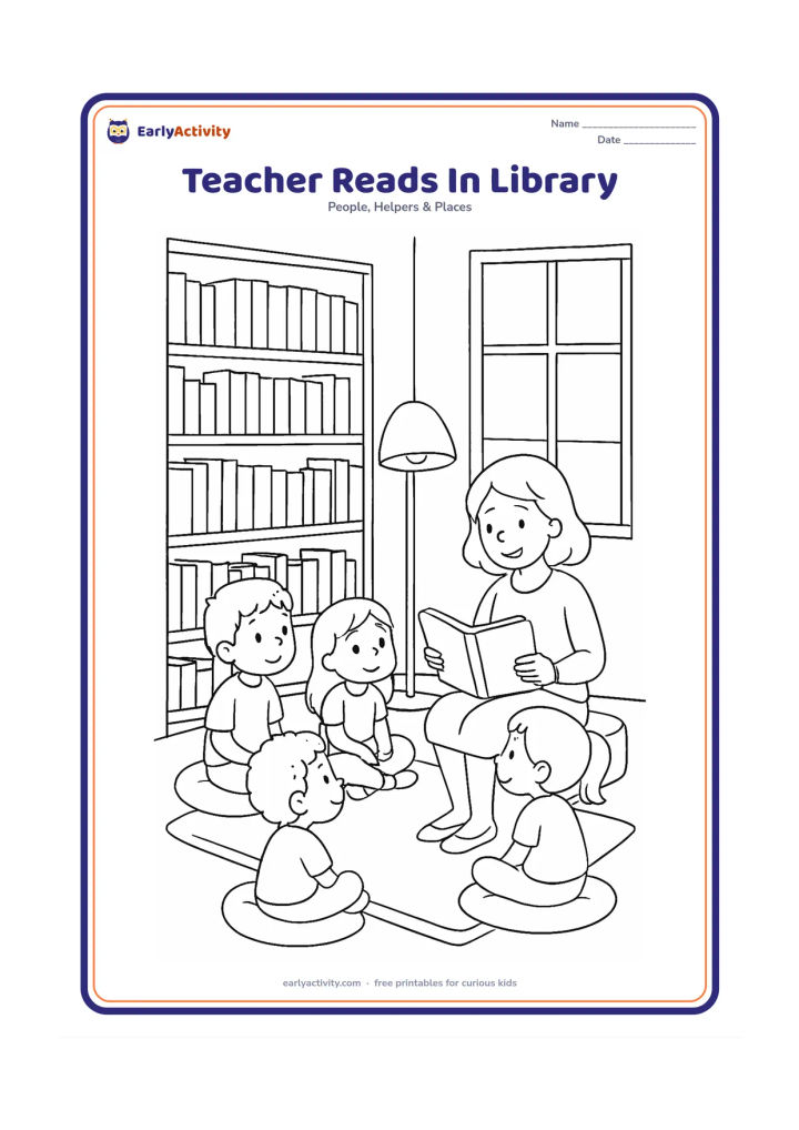Colouring page: A teacher sits in a library corner reading to four children gathered on cushions. Include tall shelves of varied plain books, a reading lamp, a rug and a large window.