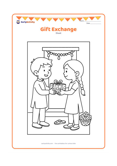 Colouring page: Two children exchange a wrapped Diwali gift outside a home entrance decorated with a simple toran. Add a small basket of flowers and a pair of sandals near the doorway.
